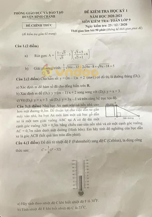 Đề thi học kì 1 Toán 9 Phòng GD&ĐT huyện Bình Chánh năm 2020 - 2021