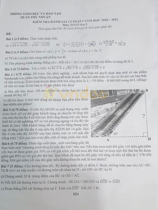 Đề thi học kì 1 Toán 9 Phòng GD&ĐT Quận Phú Nhuận năm 2020 - 2021