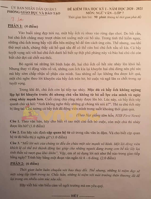 Đề thi học kì 1 Ngữ văn 7 năm 2020