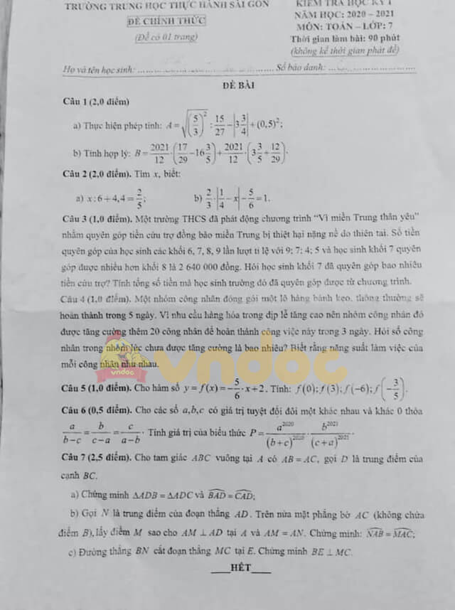 Đề thi học kì 1 lớp 7 môn Toán