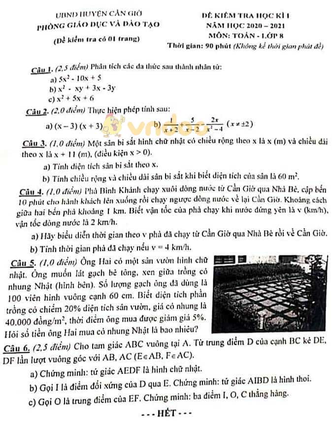 Đề thi học kì 1 Toán 8 Phòng GD&ĐT huyện Cần Giờ năm 2020 - 2021