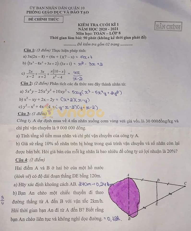 Đề thi học kì 1 Toán 8 Phòng GD&ĐT Quận 10 năm 2020 - 2021