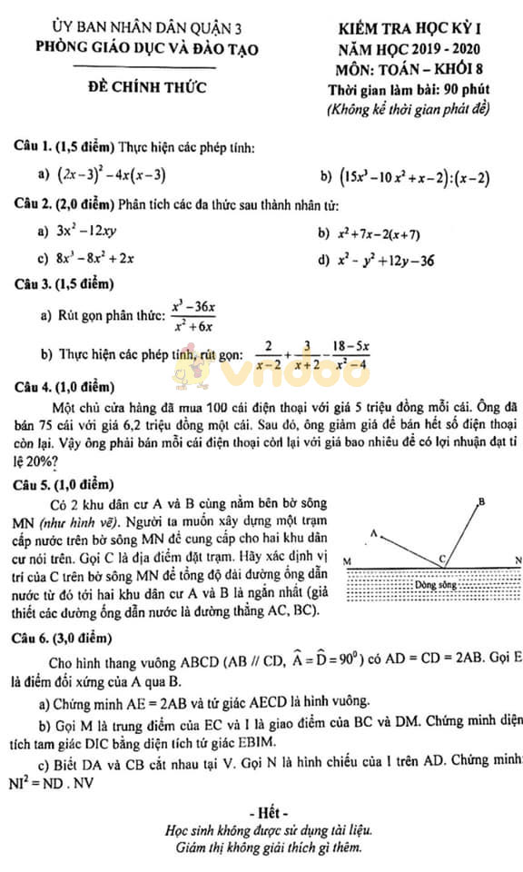 Đề thi học kì 1 Toán 8 Phòng GD&ĐT Quận 3 năm 2020 - 2021