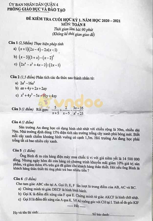 Đề thi học kì 1 Toán 8 Phòng GD&ĐT Quận 4 năm 2020 - 2021