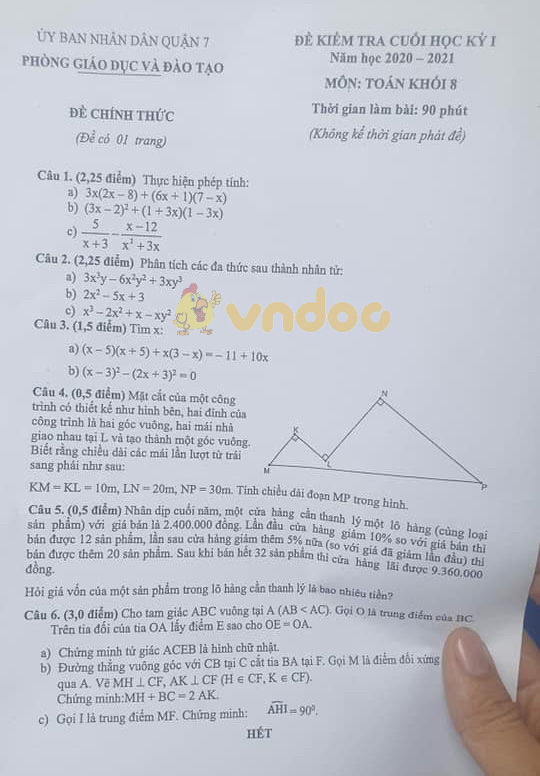 Đề thi học kì 1 Toán 8 Phòng GD&ĐT Quận 7 năm 2020 - 2021