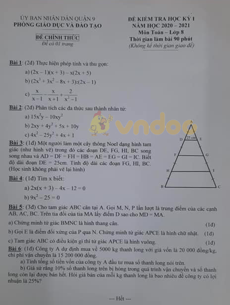 Đề thi học kì 1 Toán 8 Phòng GD&ĐT Quận 9 năm 2020 - 2021