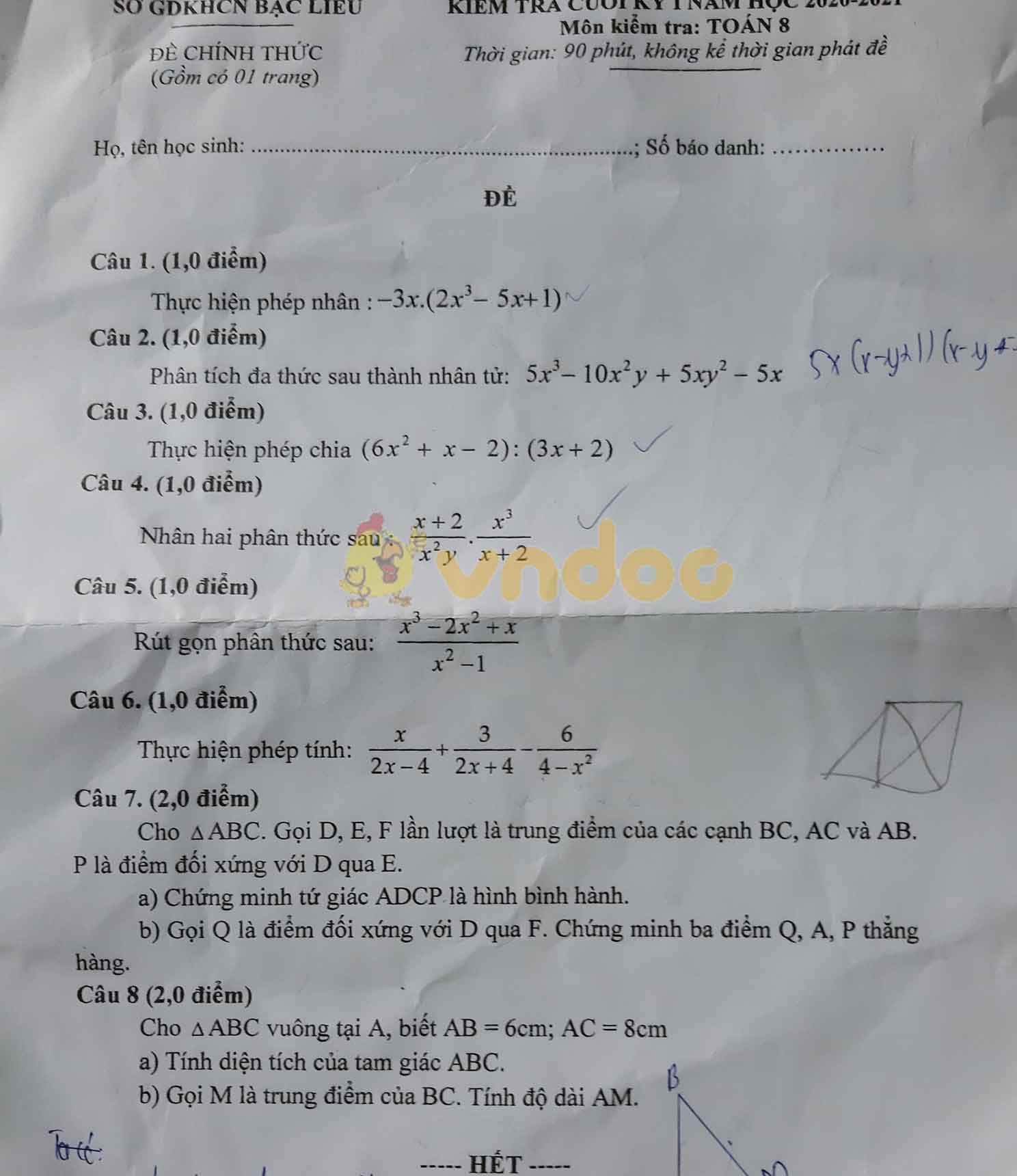 Đề thi học kì 1 Toán 8 Sở GDKHCN Bạc Liêu năm 2020 - 2021