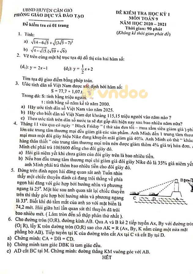 Đề thi học kì 1 Toán 9 Phòng GD&DT huyện Cần Giờ năm 2020 - 2021