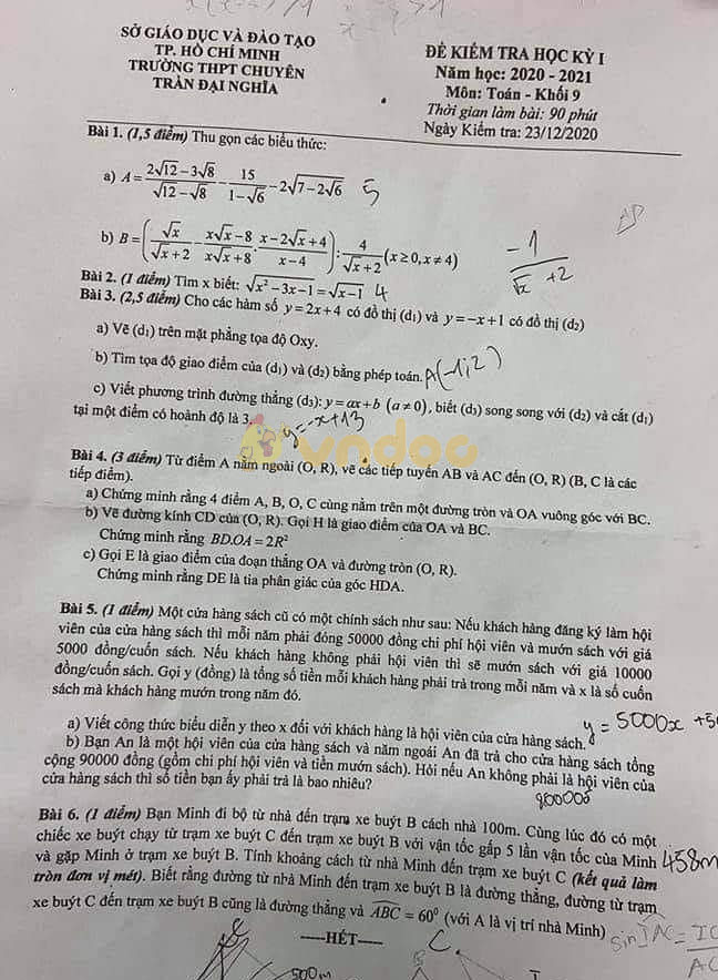 Đề thi học kì 1 Toán 9 Trường THPT chuyên Trần Đại Nghĩa, TP Hồ Chí Minh năm 2020 - 2021