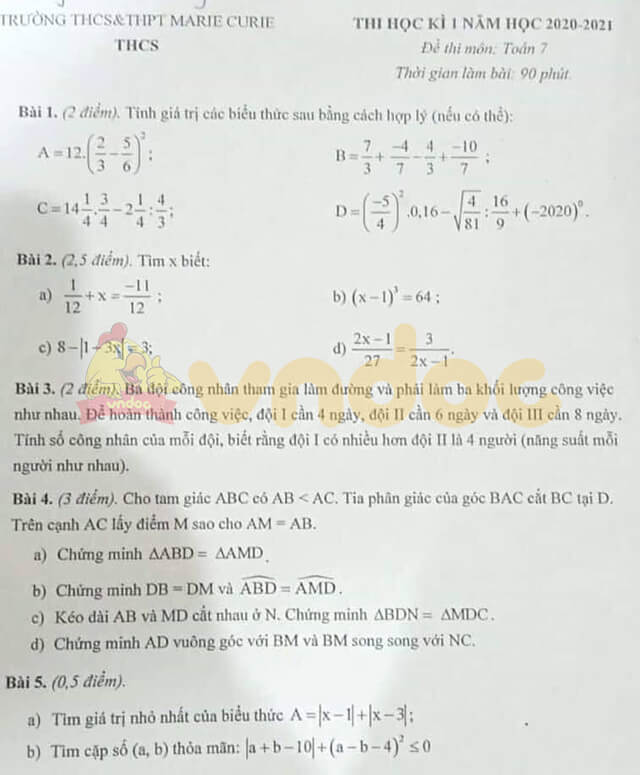 Đề thi học kì 1 lớp 7 môn Toán