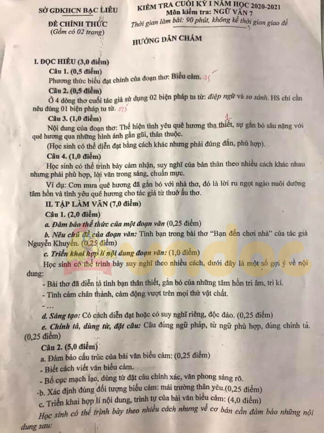 Đề thi học kì 1 Ngữ văn 7 năm 2020