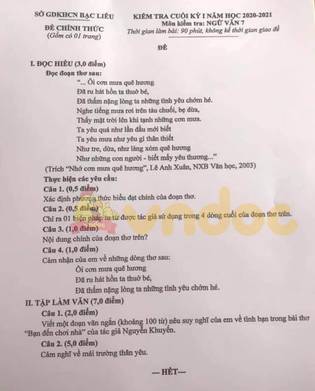Đề thi học kì 1 Ngữ văn 7 năm 2020