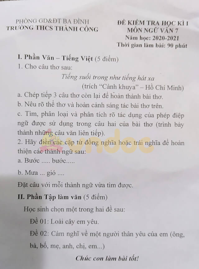 Đề thi học kì 1 Ngữ văn 7 năm 2020