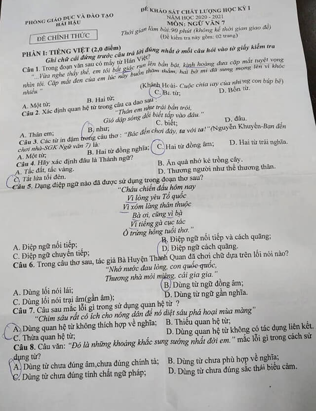 Đề thi học kì 1 Ngữ văn 7 năm 2020