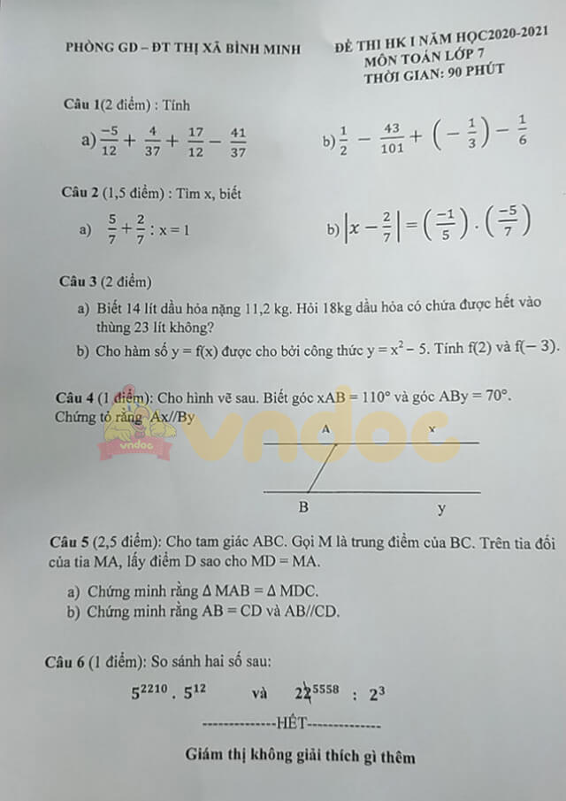 Đề thi học kì 1 lớp 7 môn Toán