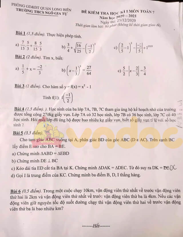 Đề thi học kì 1 lớp 7 môn Toán