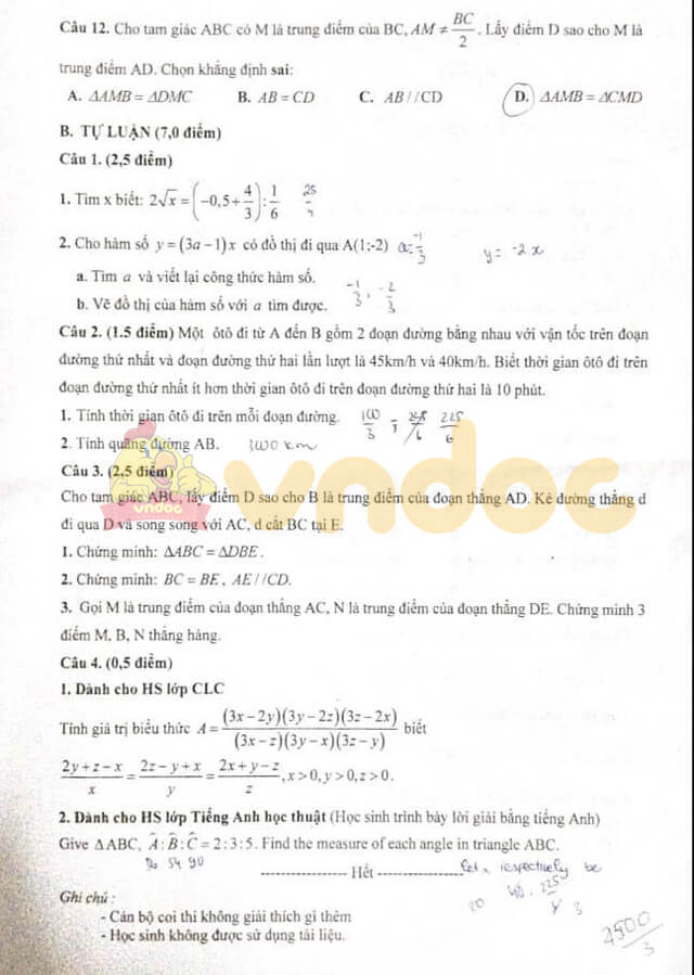 Đề thi học kì 1 lớp 7 môn Toán