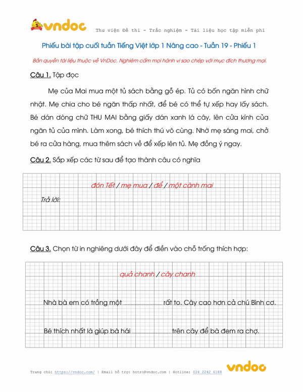Phiếu bài tập cuối tuần Tiếng Việt lớp 1 Nâng cao - Tuần 19 - Đề 1