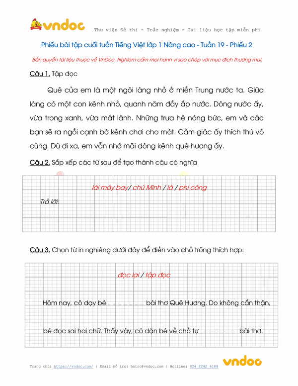 Phiếu bài tập cuối tuần Tiếng Việt lớp 1 Nâng cao - Tuần 19 - Đề 2