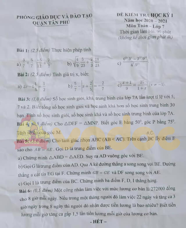 Đề thi học kì 1 lớp 7 môn Toán