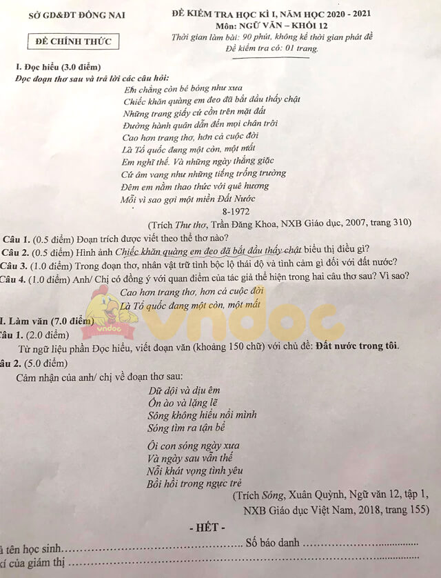 Đề thi học kì 1 Văn 12 năm 2020