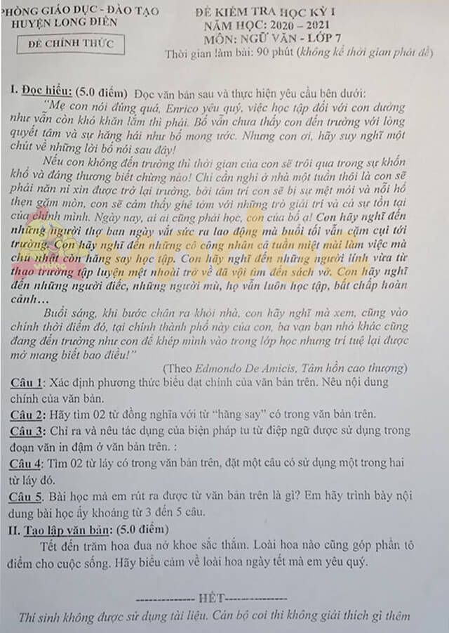 Đề thi học kì 1 Ngữ văn 7 năm 2020