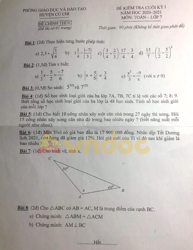 Đề thi học kì 1 lớp 7 môn Toán