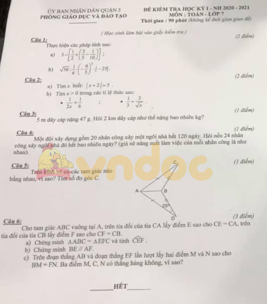 Đề thi học kì 1 lớp 7 môn Toán