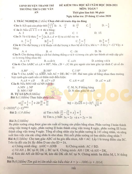 Đề thi học kì 1 lớp 7 môn Toán