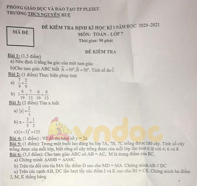 Đề thi học kì 1 Toán 9 Phòng GD&ĐT huyện Vĩnh Bảo, Hải Phòng năm 2020 - 2021