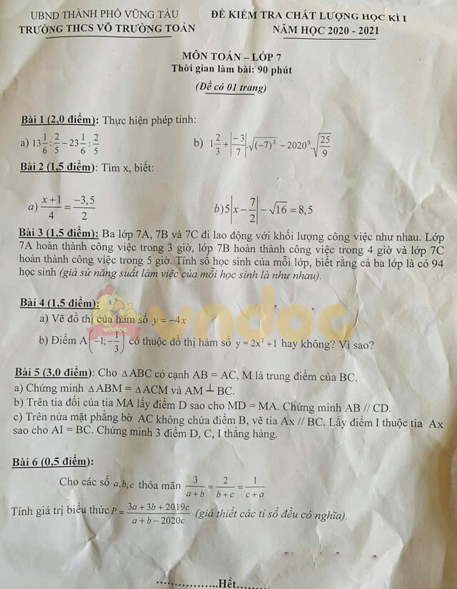 Đề thi học kì 1 lớp 7 môn Toán