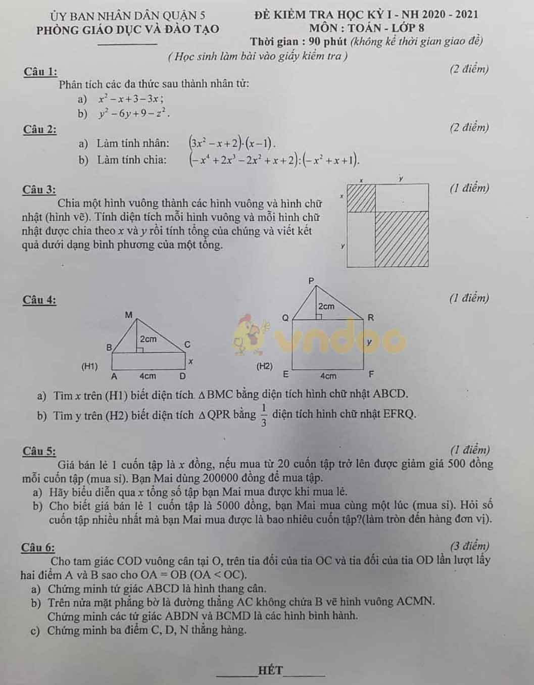 Đề thi học kì 1 Toán 8 Phòng GD&ĐT Quận 5, TPHCM năm 2020 - 2021
