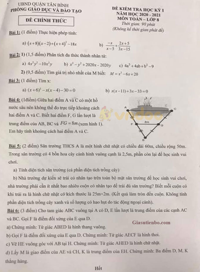 Đề thi học kì 1 Toán 8 Phòng GD&ĐT quận Tân Bình năm 2020 - 2021