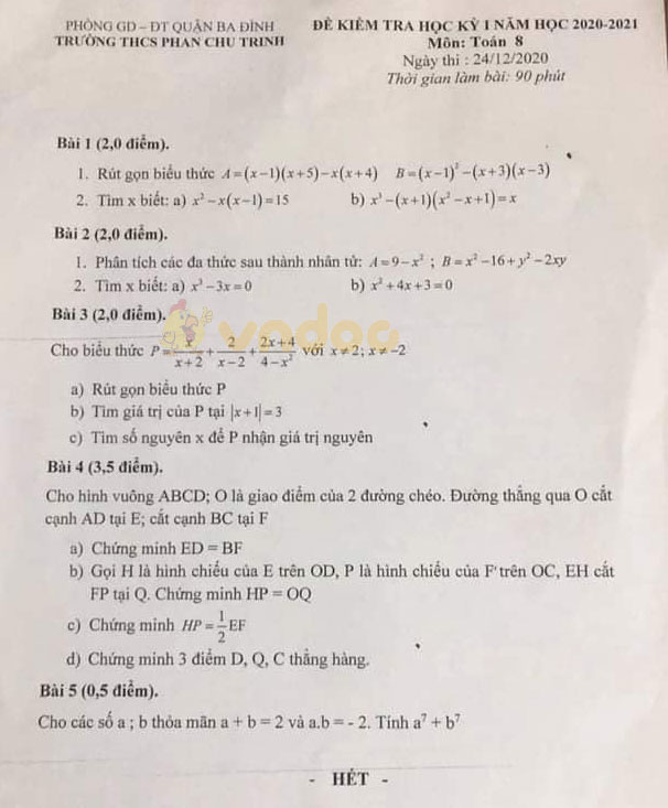 Đề thi học kì 1 Toán 8 Trường THCS Phan Chu Trinh, Ba Đình năm 2020 - 2021