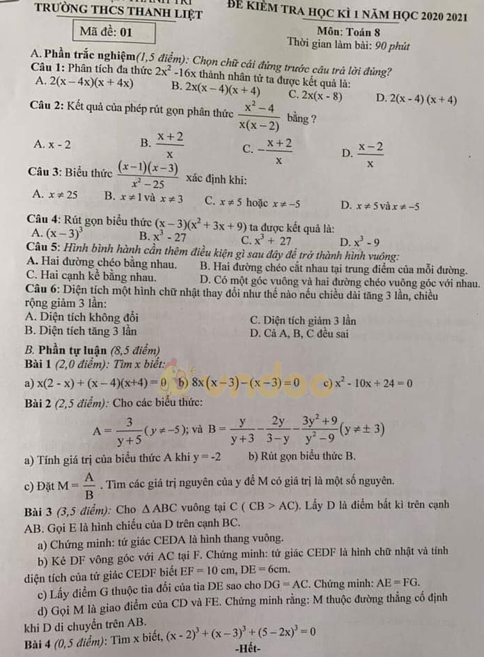 Đề thi học kì 1 Toán 8 Trường THCS Thanh Liệt, Thanh Trì năm 2020 - 2021