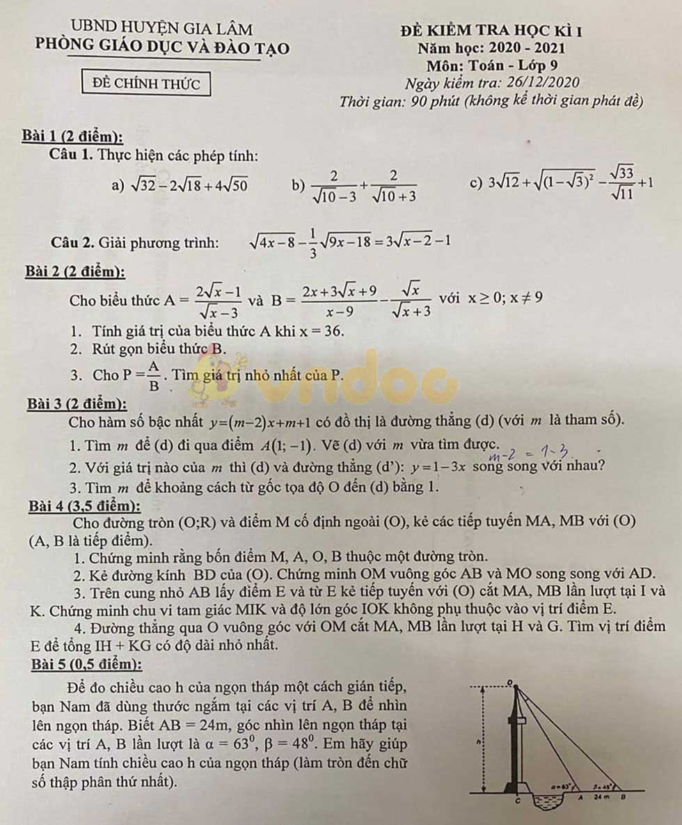 Đề thi học kì 1 Toán 9 Phòng GD&ĐT huyện Gia Lâm, Hà Nội năm 2020 - 2021