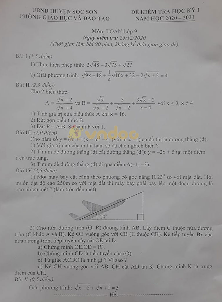 Đề thi học kì 1 Toán 9 Phòng GD&ĐT huyện Sóc Sơn, Hà Nội năm 2020 - 2021