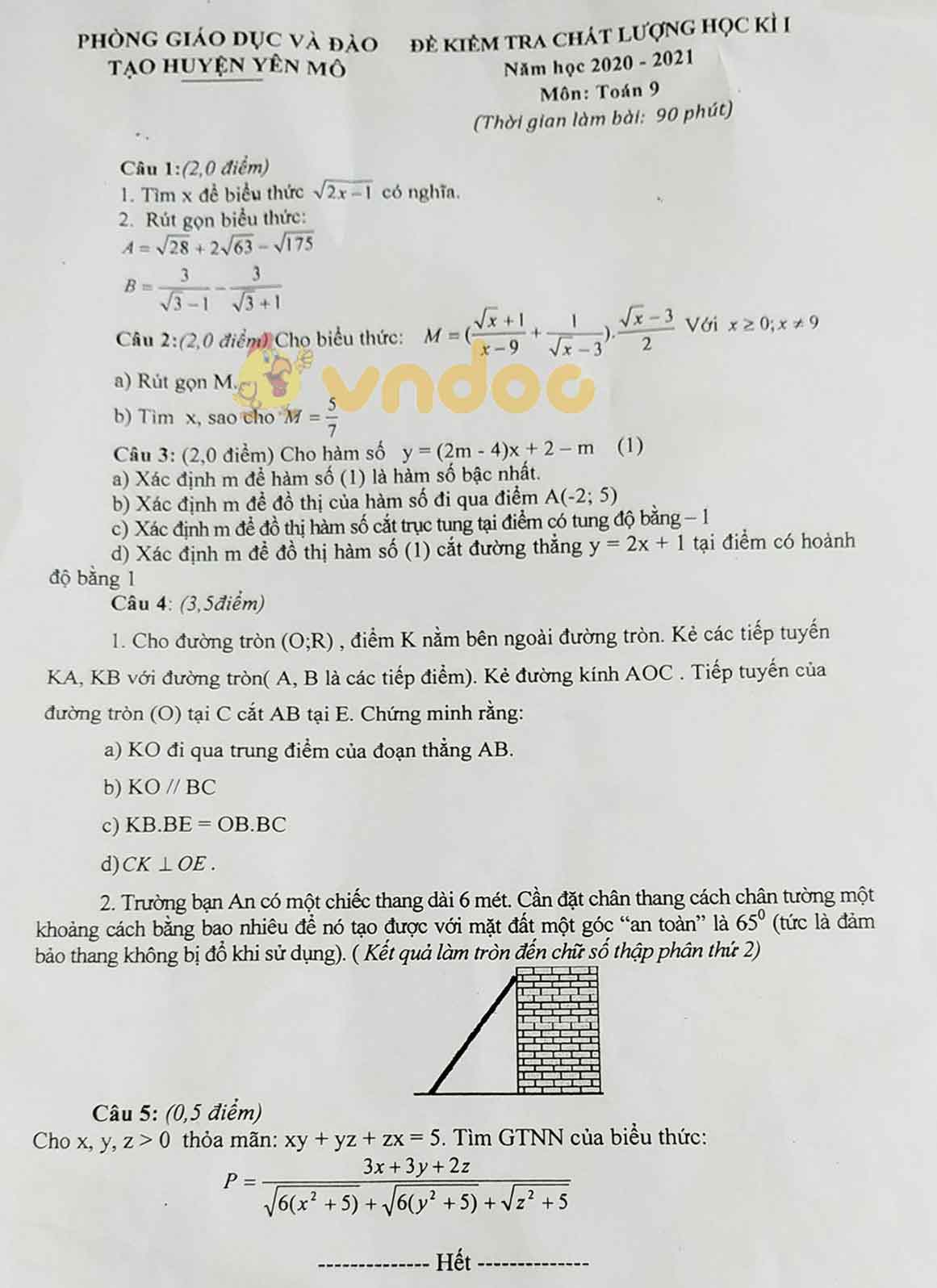 Đề thi học kì 1 Toán 9 Phòng GD&ĐT huyện Yên Mô, Ninh Bình năm 2020 - 2021