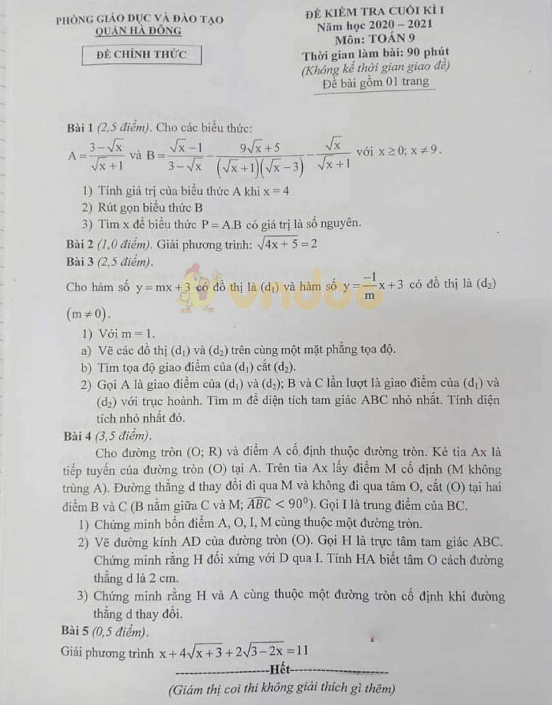 Đề Thi Học Kì 1 Toán 9 Phòng GdandĐt Quận Hà Đông Hà Nội Năm 2020 2021 Đề Thi Hk1 Toán 9 Có