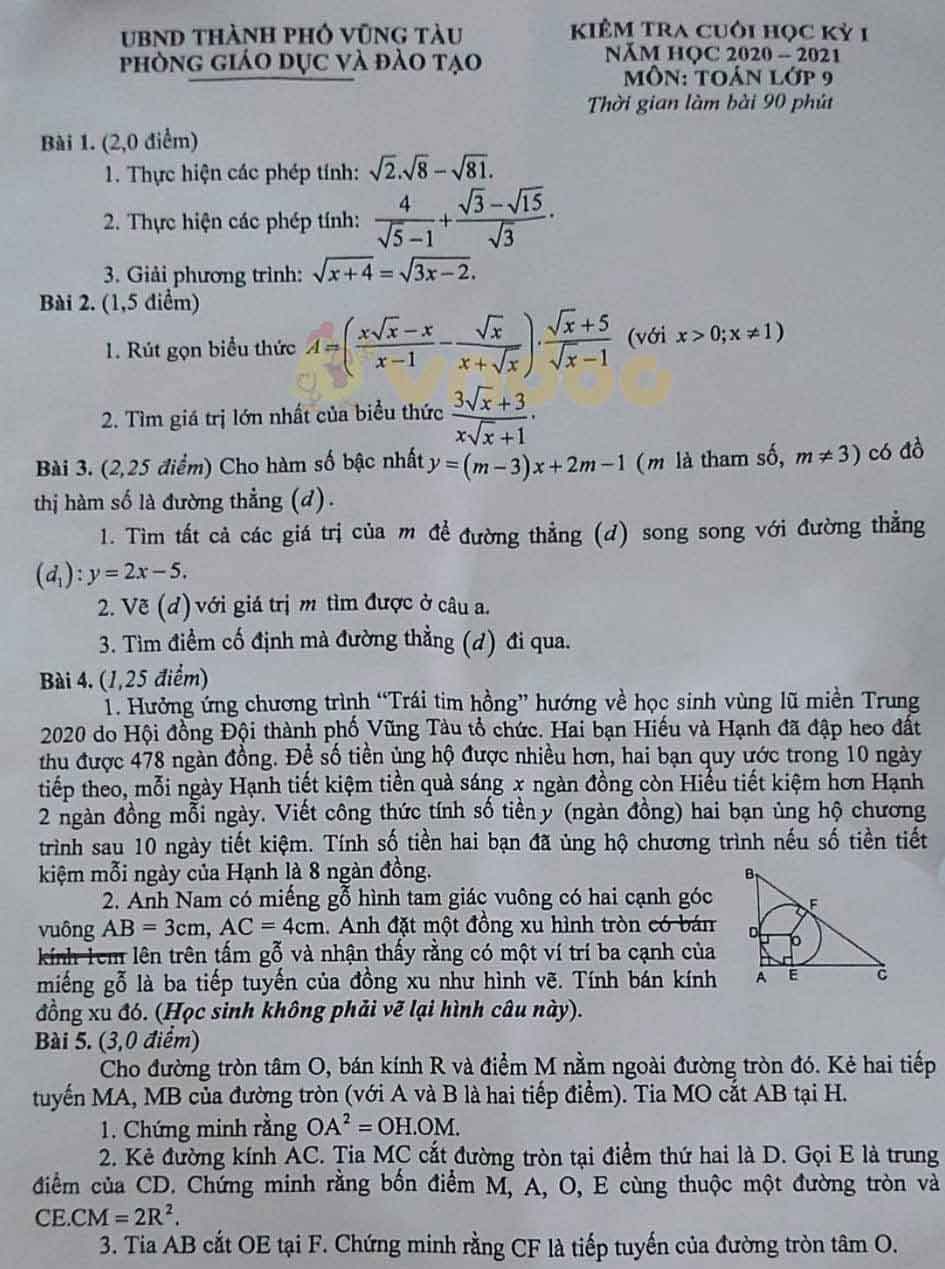Đề thi học kì 1 Toán 9 Phòng GD&ĐT TP Vũng Tàu năm 2020 - 2021
