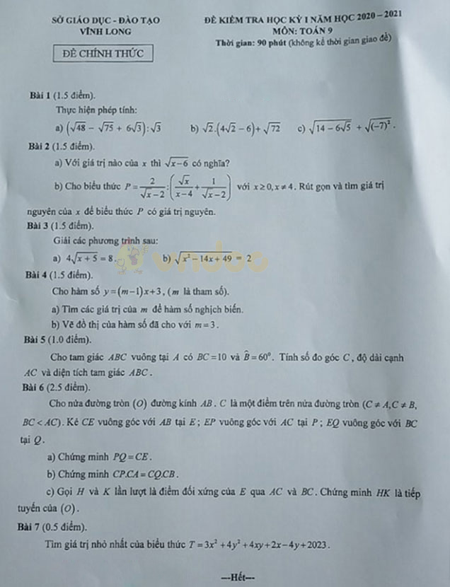 Đề thi học kì 1 Toán 9 Sở GD&ĐT Vĩnh Long năm 2020 - 2021