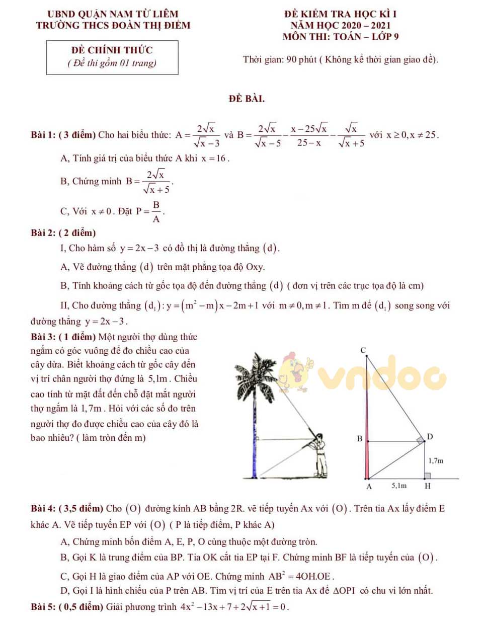 Đề thi học kì 1 Toán 9 Trường THCS Đoàn Thị Điểm, Nam Từ Liêm năm 2020 - 2021