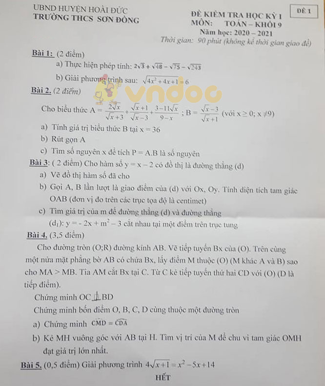 Đề thi học kì 1 Toán 9 Trường THCS Sơn Đồng, Hoài Đức năm 2020 - 2021