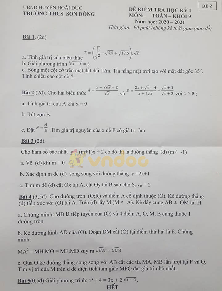 Đề thi học kì 1 Toán 9 Trường THCS Sơn Đồng, Hoài Đức năm 2020 - 2021