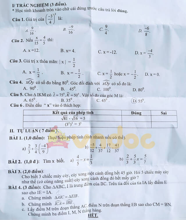 Đề thi học kì 1 lớp 7 môn Toán