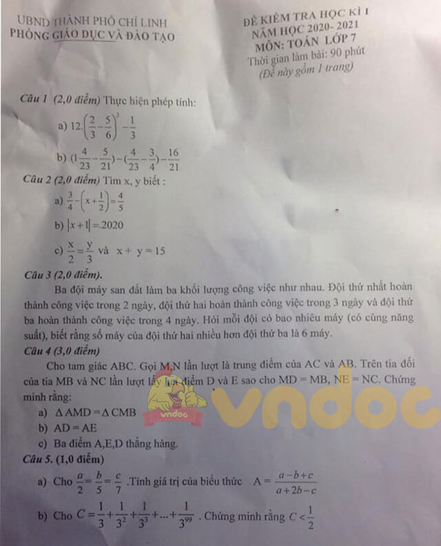 Đề thi học kì 1 lớp 7 môn Toán