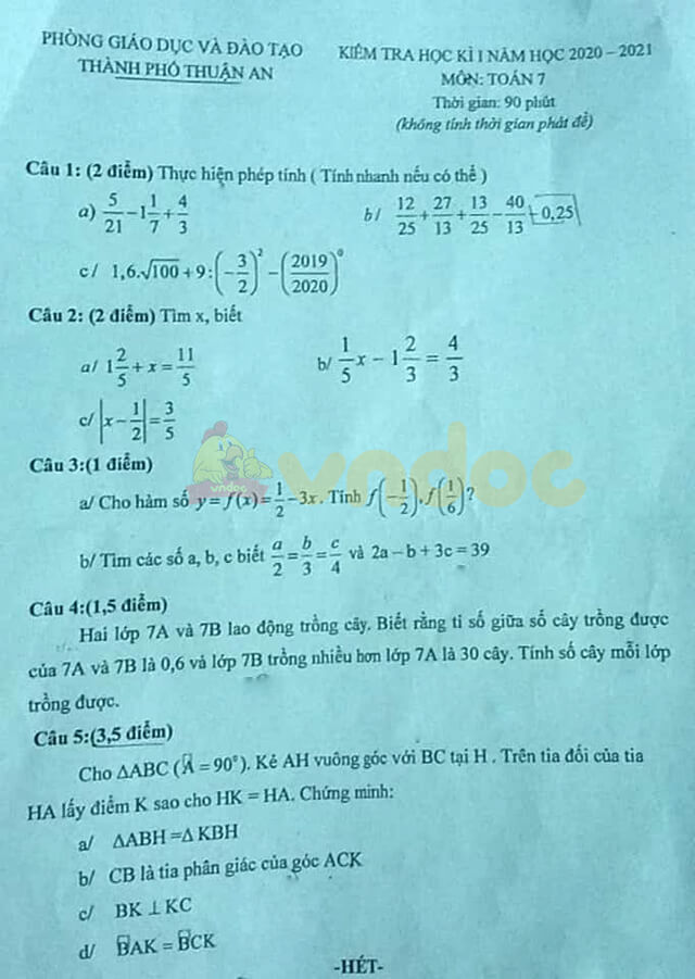 Đề thi học kì 1 lớp 7 môn Toán