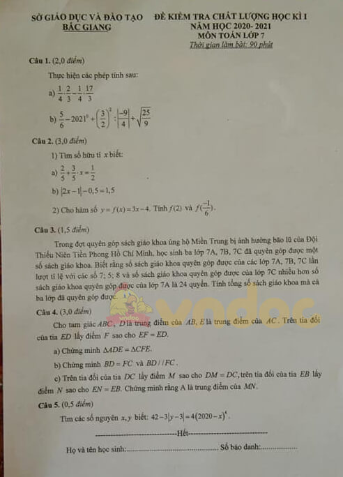 Đề thi học kì 1 lớp 7 môn Toán