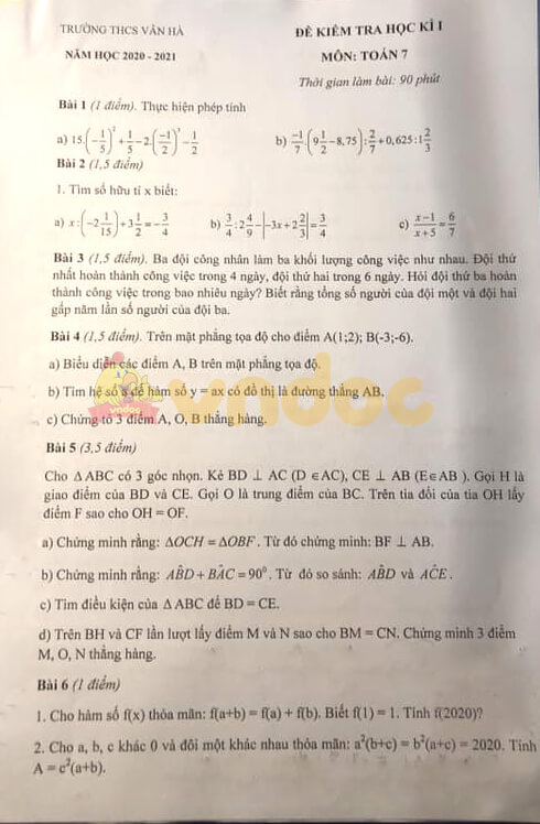 Đề thi học kì 1 lớp 7 môn Toán