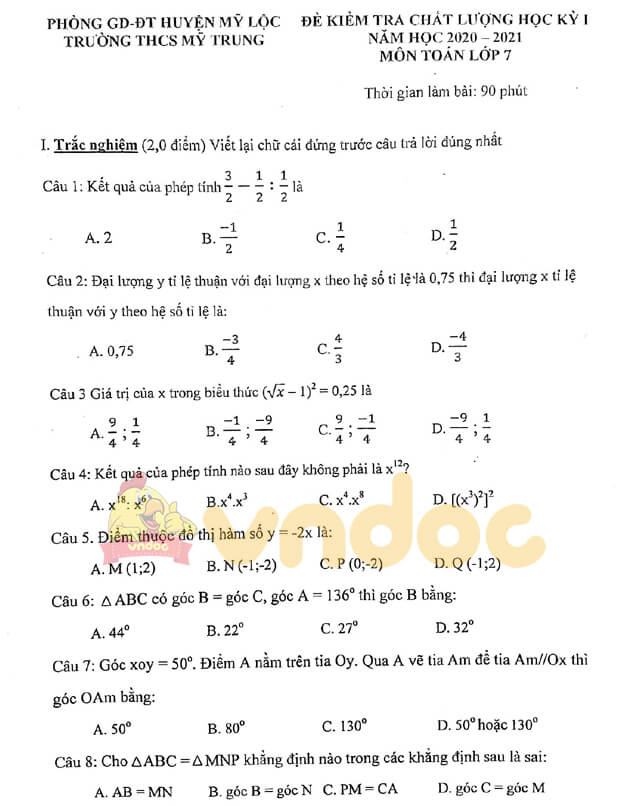 Đề thi học kì 1 lớp 7 môn Toán